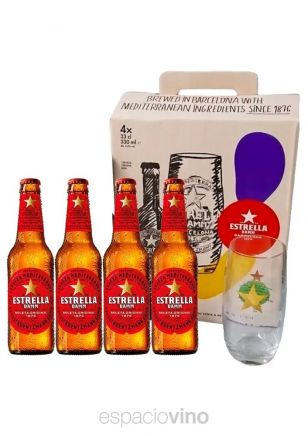 Gift Pack Estrella Damm x4 Cervezas 330 ml + 1 Vaso