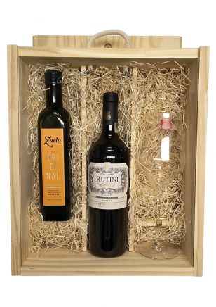 Estuche de Madera Rutini Malbec + Copa + Zuelo Original Aceite de Oliva