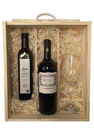 Estuche de Madera Rutini Malbec + Copa + Zuelo Original Aceite de Oliva